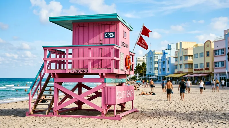 Pink wooden lifeguard tower on South Beach with pastel Art Deco buildings behind.