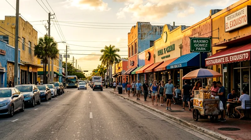 Colorful storefronts and pedestrians on Calle Ocho in Little Havana at late afternoon.