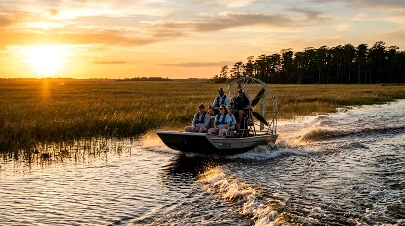 Airboat with passengers skimming across open Everglades sawgrass at golden hour.