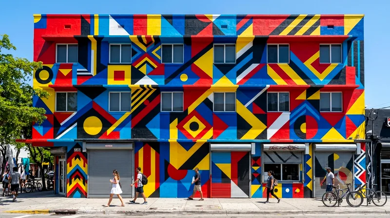 Large-scale geometric mural covering entire Wynwood building facade with bold primary colors.