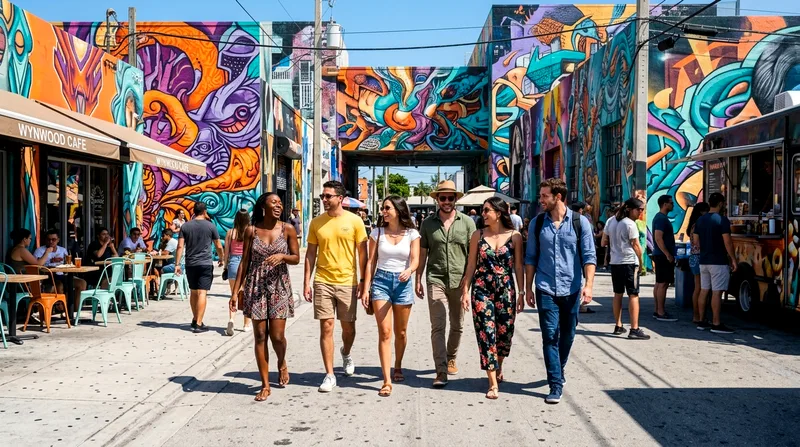 Six visitors walking together on Wynwood street with colorful murals on surrounding walls.
