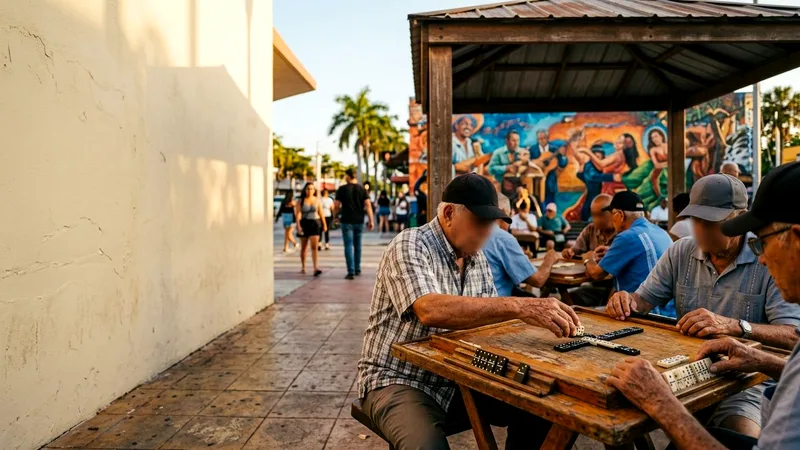 Hands playing dominoes at a shaded table in Little Havana