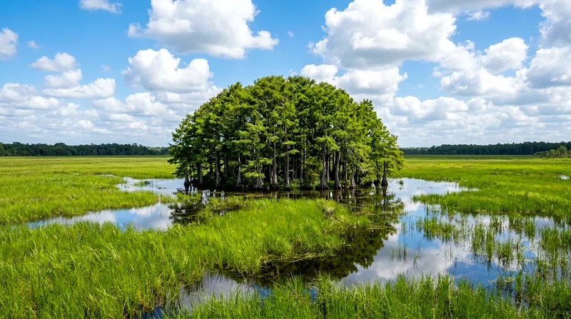 Lush green cypress dome surrounded by flooded Everglades marsh in wet season.