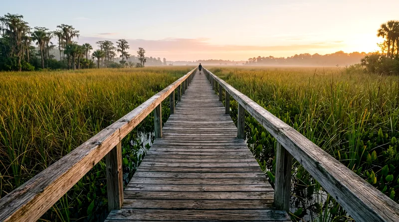 Nearly empty Everglades boardwalk at early morning during shoulder season.