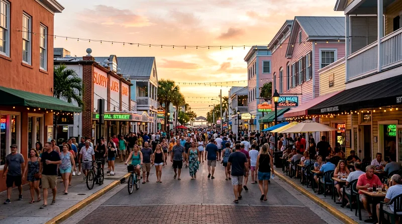 Duval Street at dusk with cafés, pedestrians, and glowing lights in Key West.