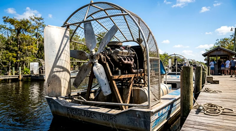 Close-up of airboat's raised propeller engine at a tour dock.