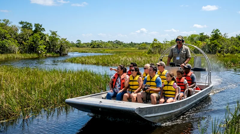 Tourists in life jackets on Everglades airboat tour with guide