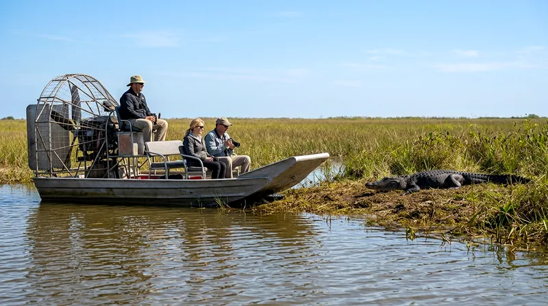 Airboat with passengers observing an alligator basking on an Everglades marsh bank.