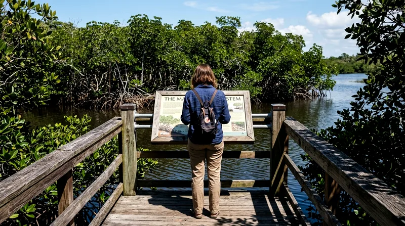 Visitor reading an interpretive sign at an Everglades boardwalk platform.