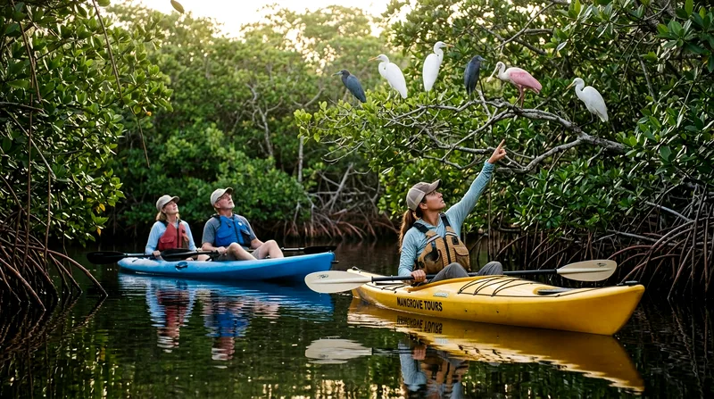 Naturalist guide pointing out birds to a couple from kayaks in Everglades mangroves.