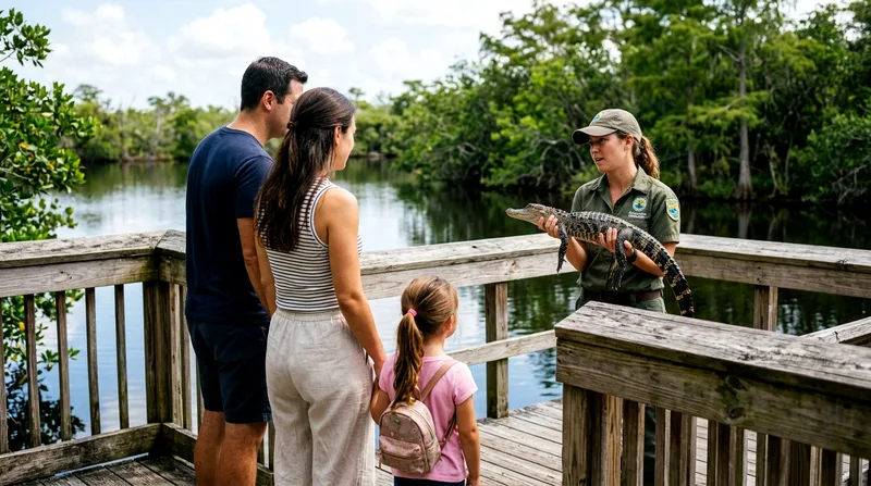 Family watching an alligator demonstration at an Everglades facility.