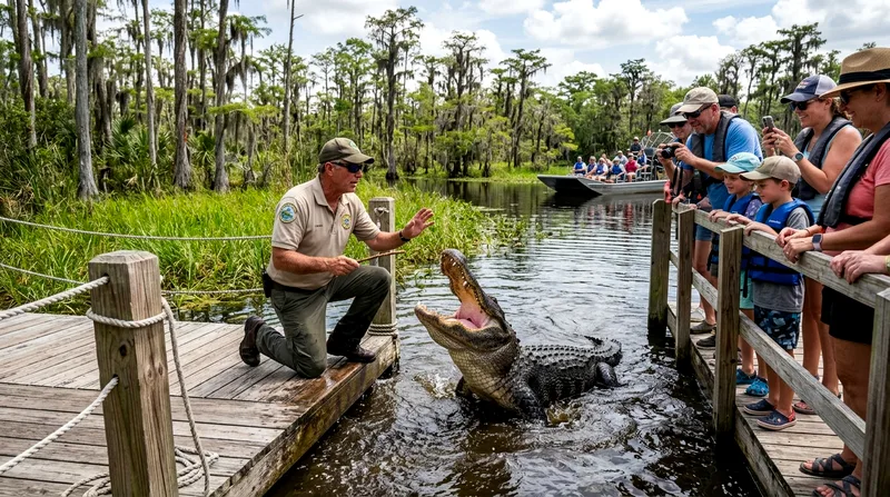 Alligator show demonstration during an Everglades alligator tour near Miami