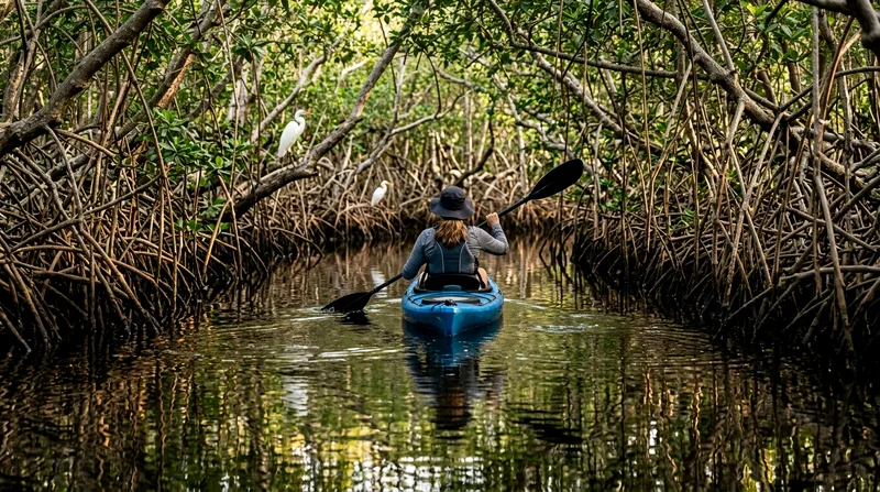 Solo kayaker paddling through narrow mangrove-lined water channel in the Everglades.
