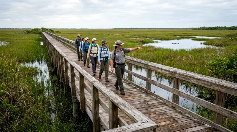 Ranger-led group walking on wooden boardwalk through marsh with alligator in distance.