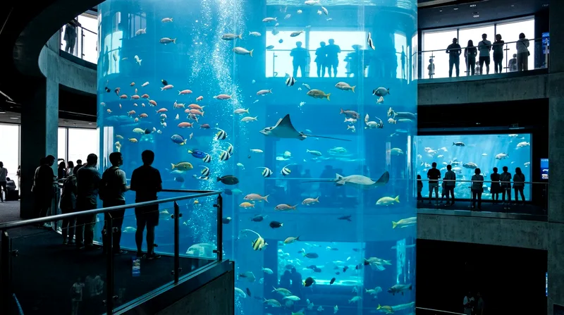 Multi-level aquarium tank with visitors on different floors watching marine life.