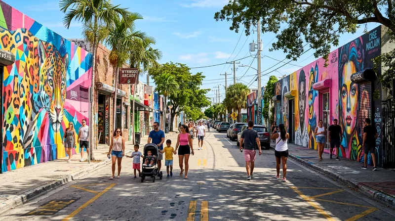 Visitors walking freely through Wynwood streets viewing large murals without paid admission.