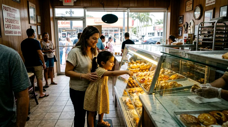 Child pointing at pastries in a Little Havana bakery display case while parent looks on.