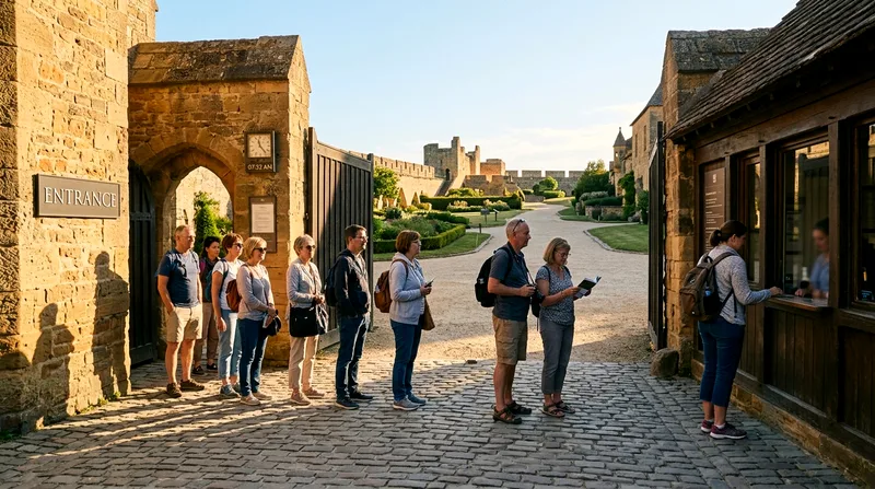 Short visitor queue at attraction entrance during early morning opening hours.