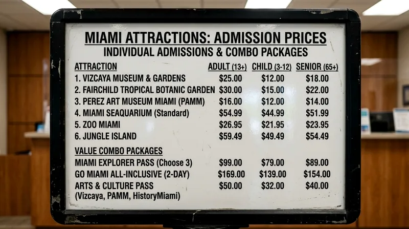 Ticket pricing board showing savings for combo passes versus individual attraction fees.