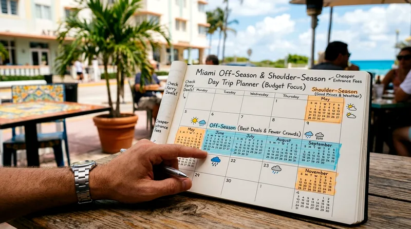 Calendar highlighting off-season and shoulder-season months for budget day trips from Miami