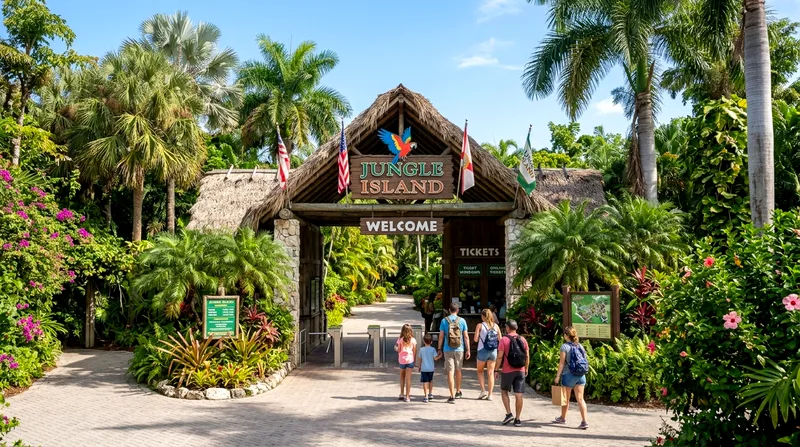 Jungle Island entrance with tropical plants and landscaping in morning light.