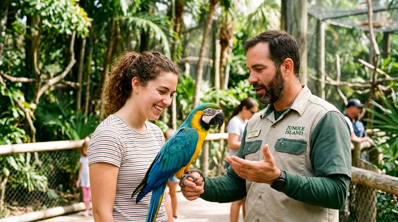 Visitor in close encounter with animal and handler during a VIP animal experience.