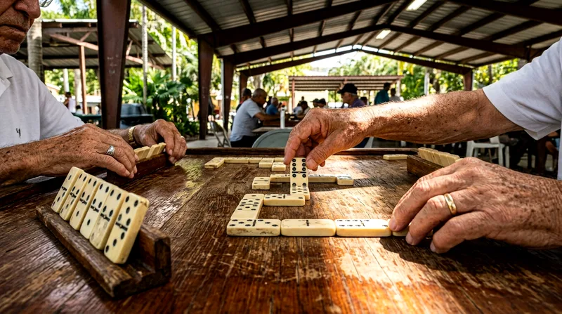 Hands playing dominoes on a wooden table at Domino Park in Little Havana
