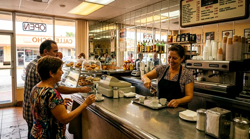 Cuban cafeteria counter displaying pastries with staff pouring coffee for customers