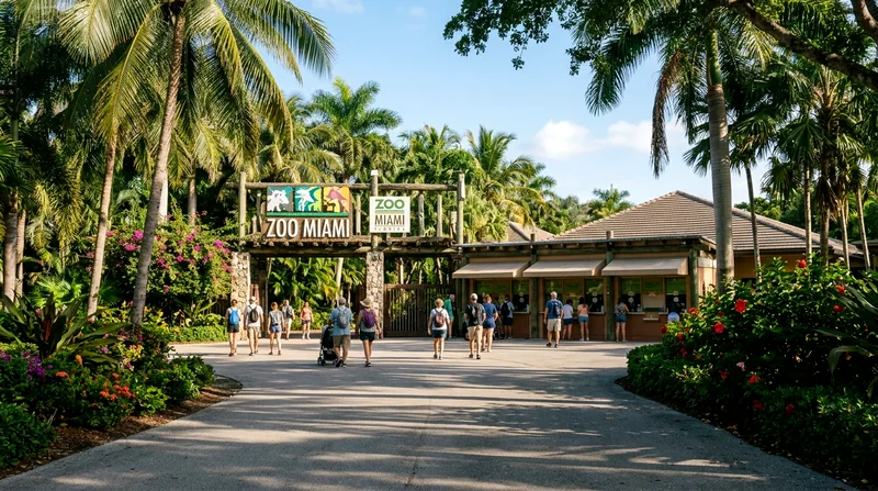 Zoo Miami entrance gate with ticket booths and palm trees in morning light.