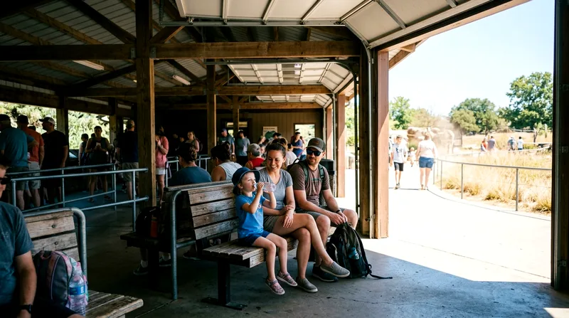 Family resting under a shade pavilion during midday heat at an outdoor attraction.