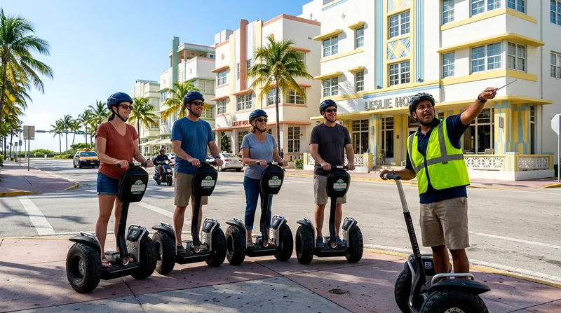 Group of four Segway riders stopped on South Beach street with guide pointing to architectural detail.