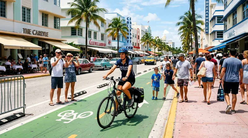 Cyclist navigating around pedestrians on Ocean Drive path during midday crowd.