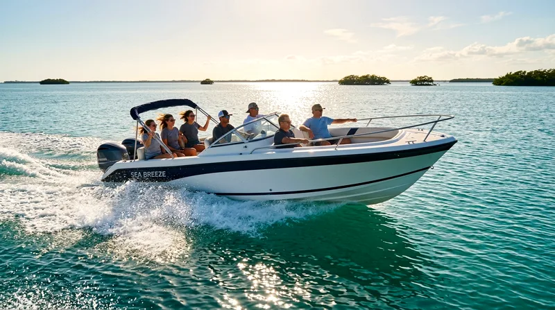 Speedboat at cruising speed across flat Biscayne Bay with passengers aboard.