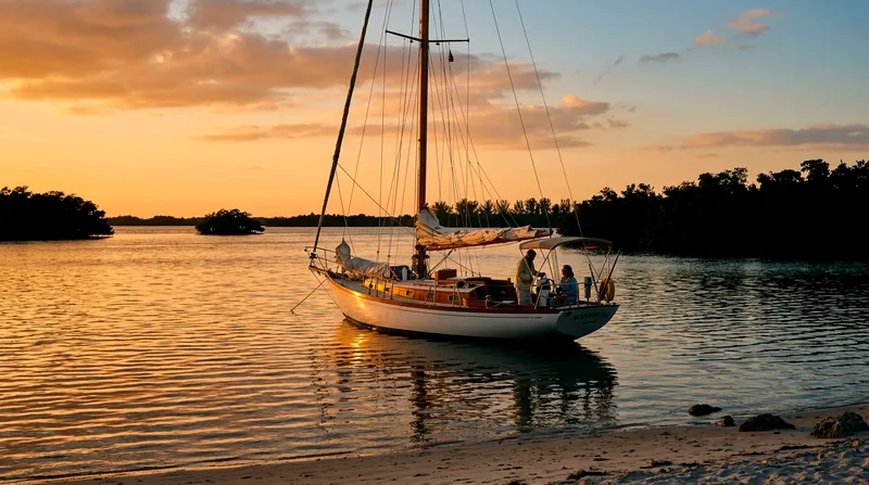 Anchored sailboat with warm sunset light, Key Biscayne in background.
