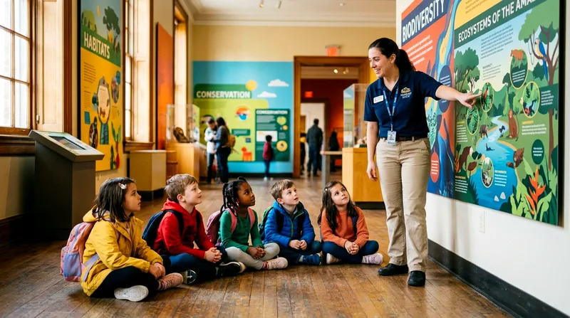Museum educator pointing at an exhibit while speaking to children seated on the floor.