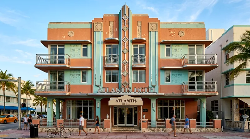 Pastel Art Deco building with geometric patterns on Ocean Drive, South Beach.