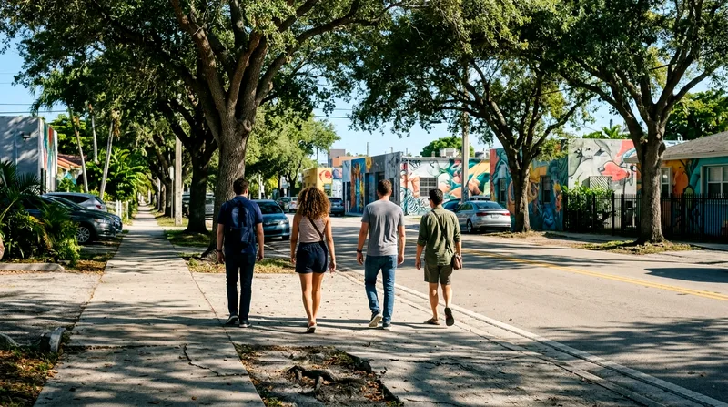 Four people walking together on a quiet tree-lined Wynwood street in morning light.