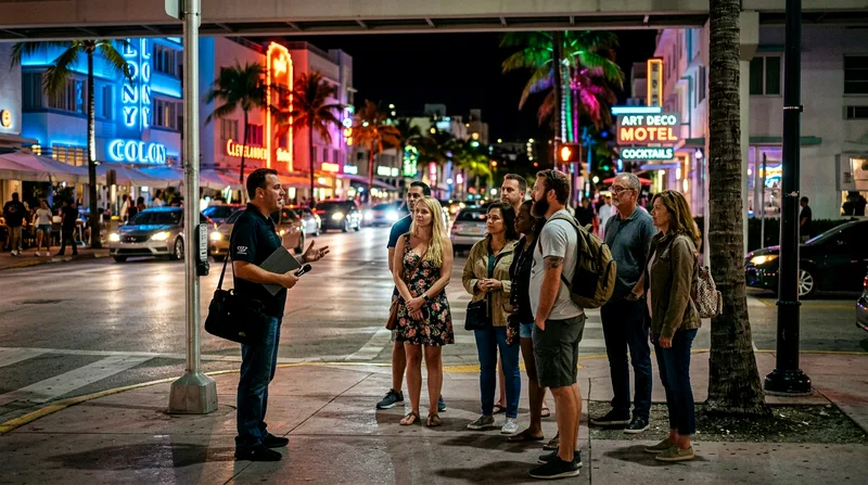 Club crawl group of eight standing on South Beach street corner at night with guide.