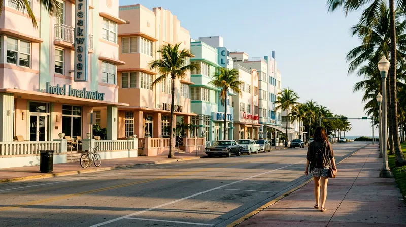 Solo female visitor walking past pastel Art Deco hotels on Ocean Drive at dawn.