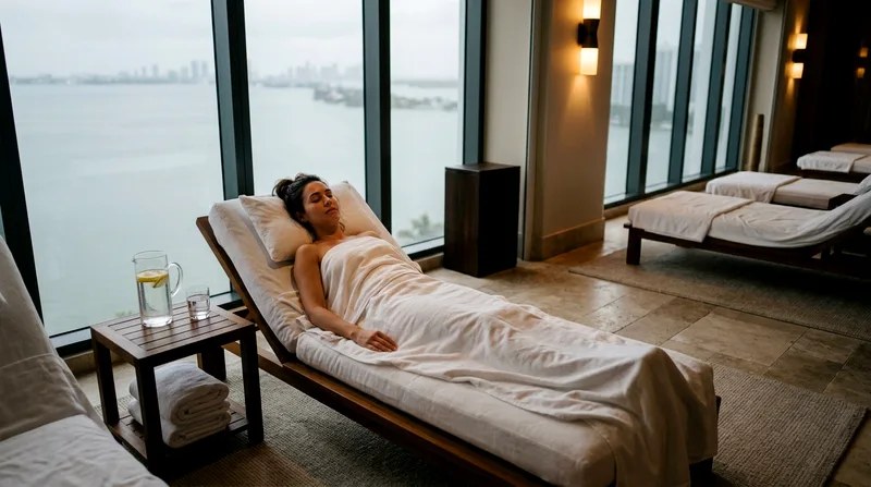 Woman resting on a padded lounge chair in a spa recovery area with ocean view.