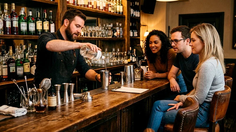 Mixology class instructor demonstrating cocktail preparation to three students.