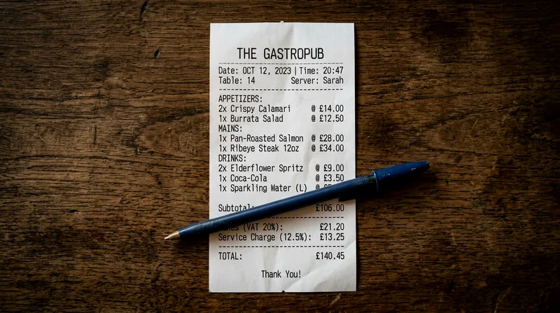 Printed bill showing menu items with taxes and fees listed separately at bottom.