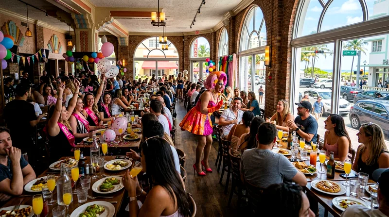 Large drag brunch venue on Ocean Drive with performer on stage and crowded restaurant tables.