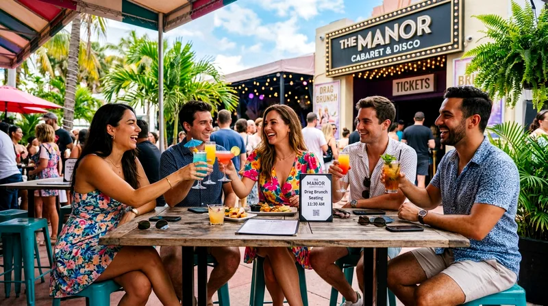 Friends drinking cocktails before Miami drag brunch tickets seating begins