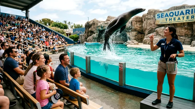 Sea lion performing in a Seaquarium show pool while families watch from theater seating.