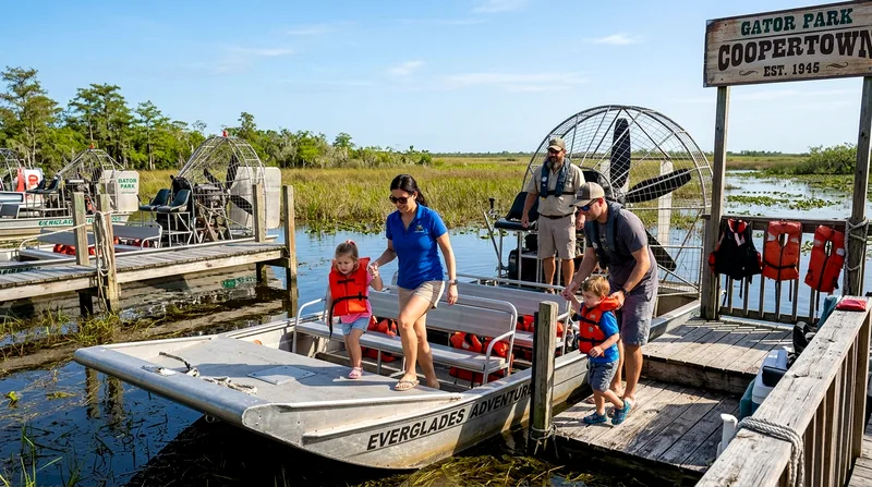 Family in life jackets boarding an airboat at an Everglades tour dock.