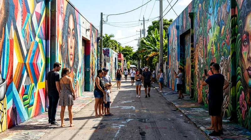 Visitors viewing and photographing large colorful murals on Wynwood street art walls.