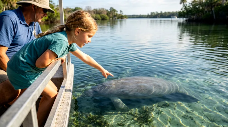 Child pointing at manatee visible in clear shallow water on wildlife boat tour.