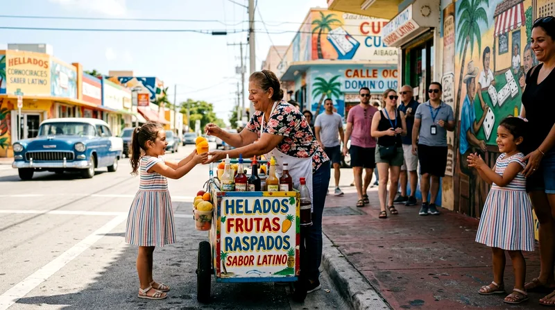 Vendor handing ice cream to small child on food tour street in Little Havana.