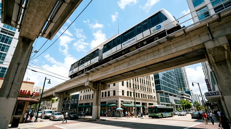 Elevated Metromover automated train passing overhead above downtown Miami streets at midday.